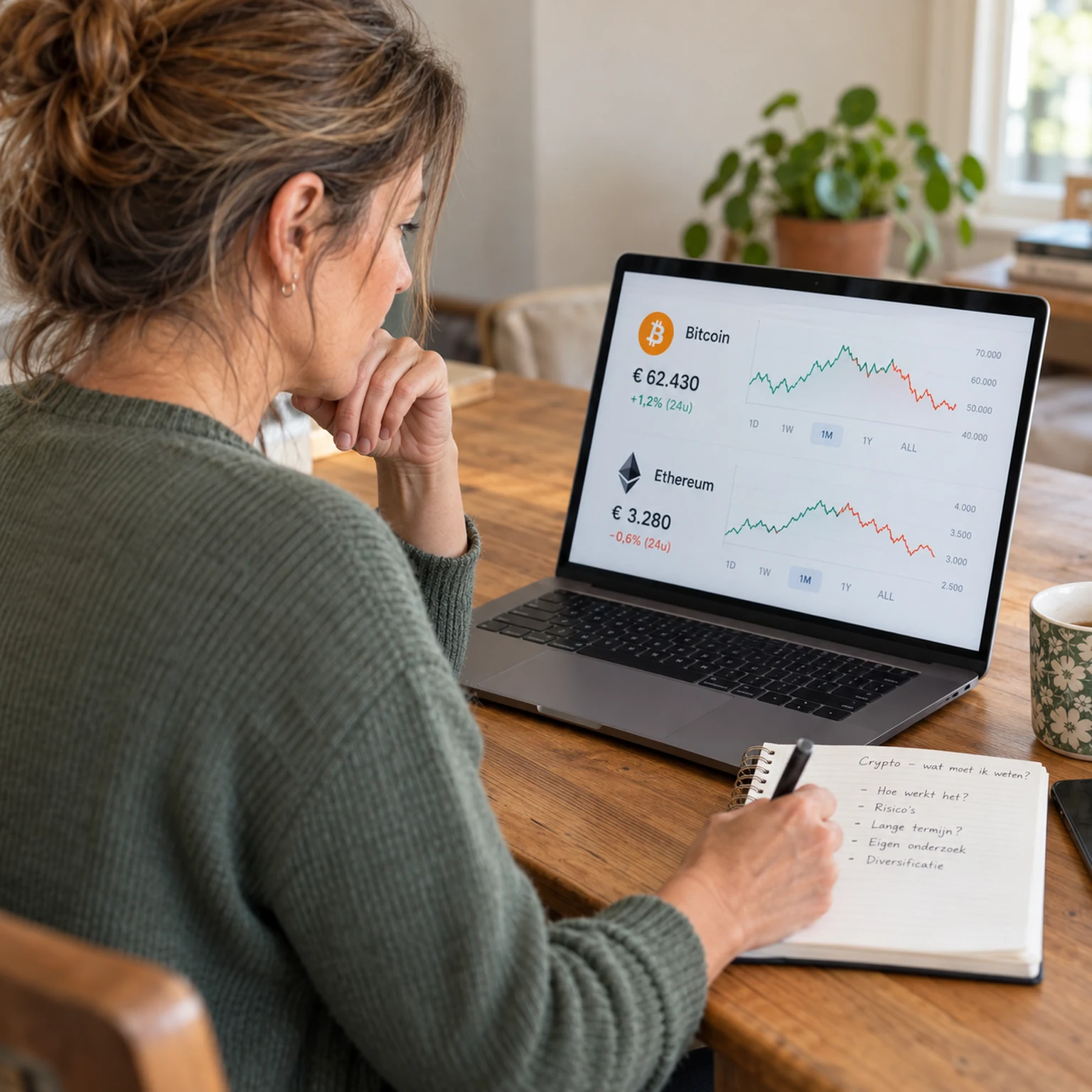 Thuis informatie over crypto bekijken op een laptop en aantekeningen maken